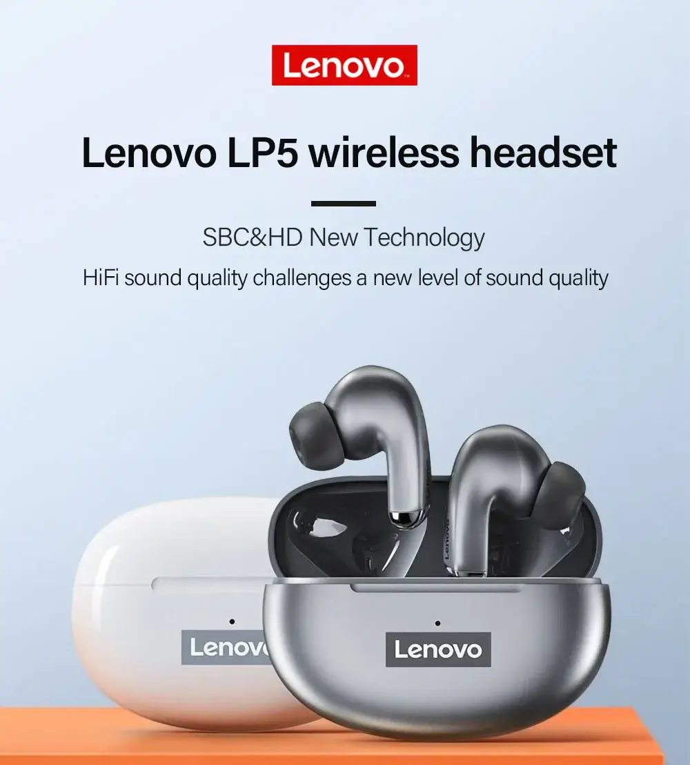 Lenovo LP5 Wireless Earbuds – Bluetooth 5.0, Deep Bass, Touch Control, Long Battery Life, Compact Charging Case - Alletron Lenovo LP5 Wireless Earbuds - Main Product Image