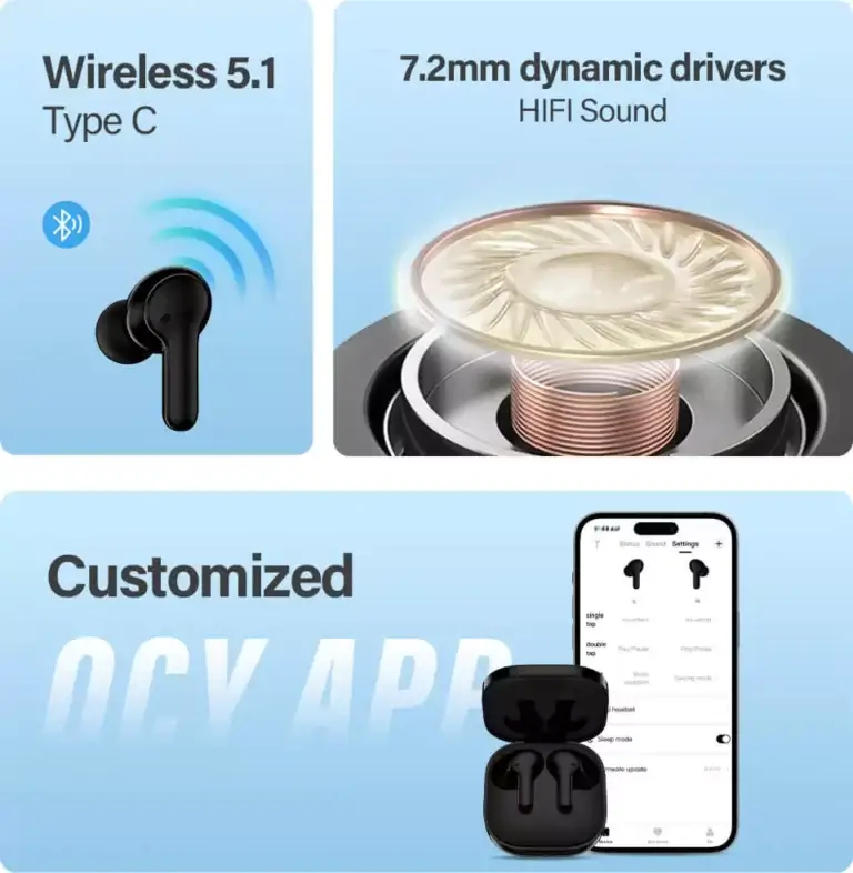 QCY T13 Wireless Earbuds – Bluetooth 5.1, Deep Bass, 30H Playtime with Charging Case, Touch Control, Noise Reduction Mic - Alletron QCY T13 Earbud Detail showcasing connectivity