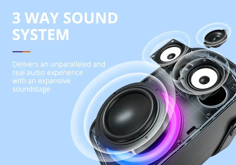 Tronsmart Halo 100 Portable Party Speaker – 60W 3-Way Sound, RGB Light Show, IPX6 Waterproof, 18H Playtime & Power-Bank Function - Alletron Imagem do produto