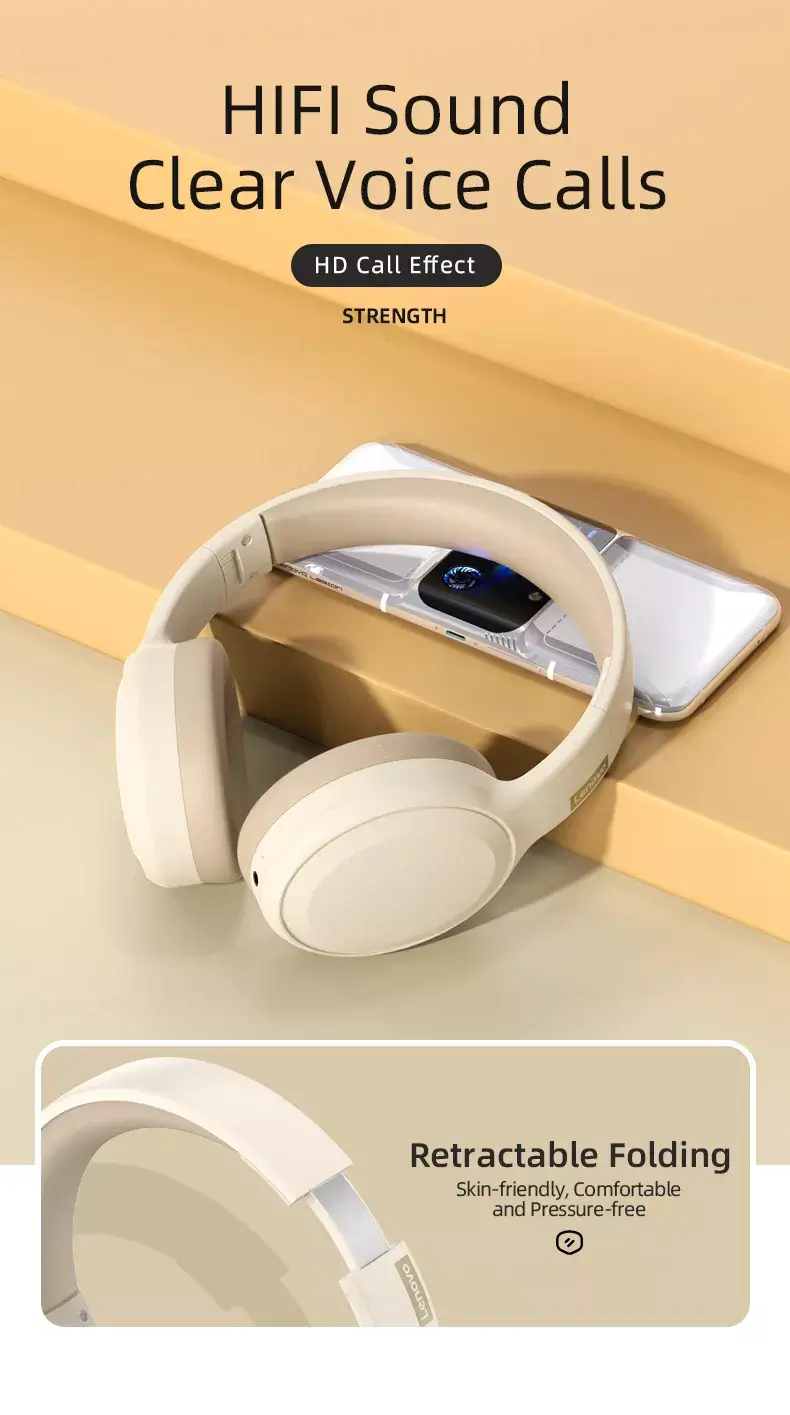 Lenovo Thinkplus TH30 Wireless Headphones – Bluetooth 5.3, Deep Bass, Foldable Design, Long Battery Life, Built-in Mic - Alletron Imagem do produto