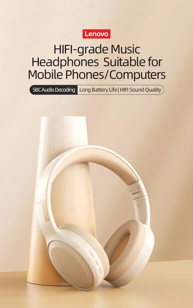 Lenovo Thinkplus TH30 Wireless Headphones – Bluetooth 5.3, Deep Bass, Foldable Design, Long Battery Life, Built-in Mic - Alletron Imagem do produto