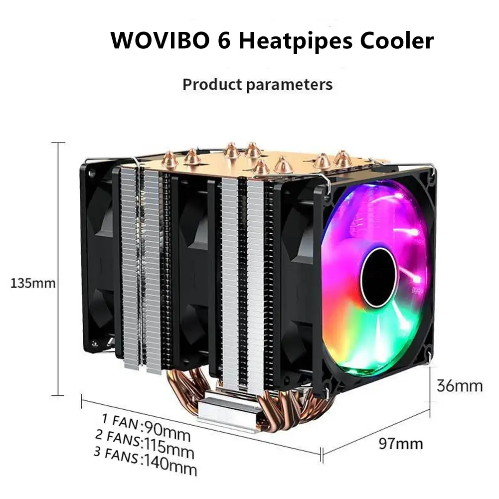 ALL™ Wovibo 6 Heatpipes RGB CPU Cooler Silent PWM 4PIN 150W for Intel LGA10 - Alletron